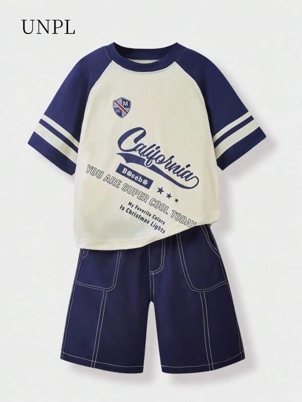 SHEIN Explorewe 2pcs/Set Boys' Casual Campus Sports Striped Letter Print Short Sleeve T-Shirt With Faux Denim Pants, Suitable For Spring/Summer Campus Life, Outdoor Activities