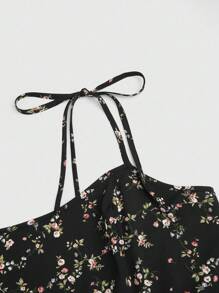 Sweetra 可爱碎花细肩带设计太阳裙，优雅度假连衣裙，腰部收紧，不对称下摆分层裙 - 彩色 - 查看 4