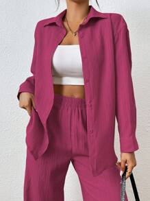 SHEIN PETITE 女式纯色长袖单排扣衬衫和裤子休闲两件套 - 玫紅色 - 查看 7