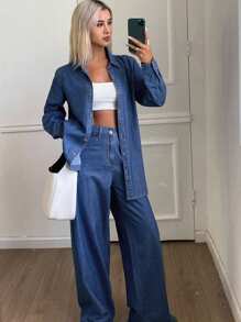 Livesso 女士宽松衬衫和休闲牛仔裤套装 - 藍色 - 查看 3