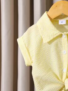 SHEIN Playful Pals 2pcs Girls Striped Lapel Sleeveless Cardigan And Straight Leg Pants Set Back To School School Clothes Summer Holiday - Yellow - View 4