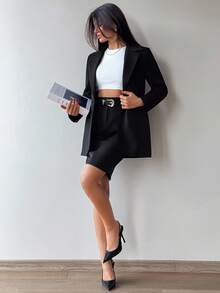 SHEIN Women Solid Color Button And Pocket Detailed Blazers - Black - View 6