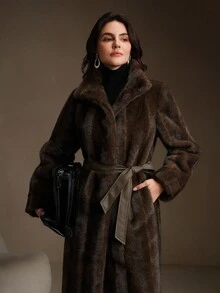 Anewsta 奢华复古人造毛皮长袖直腰系带修身冬季外套夹克 - 棕色 - 查看 9
