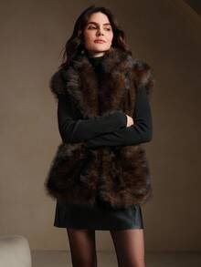 Anewsta 人造毛皮背心配皮带毛绒缺口翻领舒适冬季外套秋季、冬季、外出、优雅、别致、正式、圣诞节、婚礼、优雅派对 - 棕色 - 查看 5