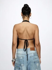 SUMWON WOMEN 优雅垂坠式露背围脖前部派对俱乐部上衣现代晚间节日风格 - 黑色 - 查看 2