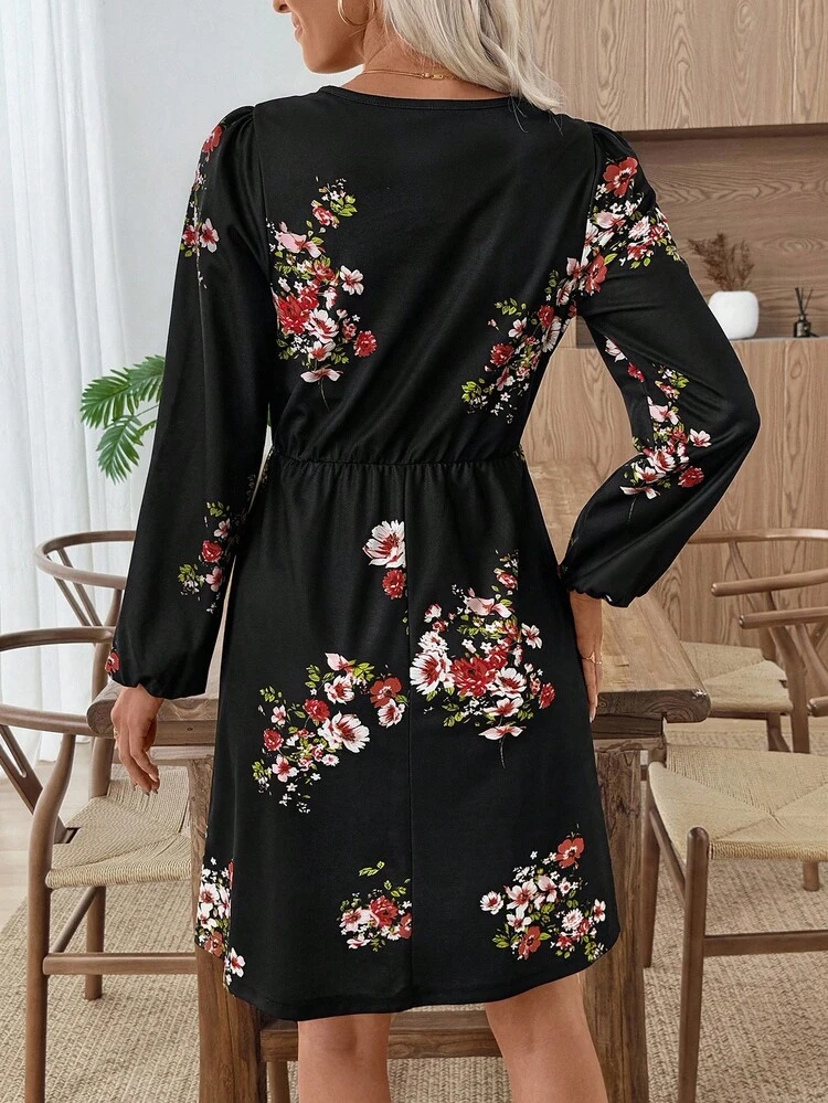 Women's Fashionable French Romantic Print Long Sleeve Mini Dress Black Floral Dress Long Sleeve Floral Dress Lantern Sleeve Dress Black Floral Mini Dress Long Sleeve Summer Dress