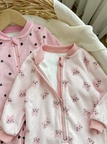 2 件套新生儿女孩可爱猫咪和心形印花罗纹领前拉链长袖连脚柔软保暖羊毛连体衣睡衣，适合秋冬季 - 粉色 - 查看 8
