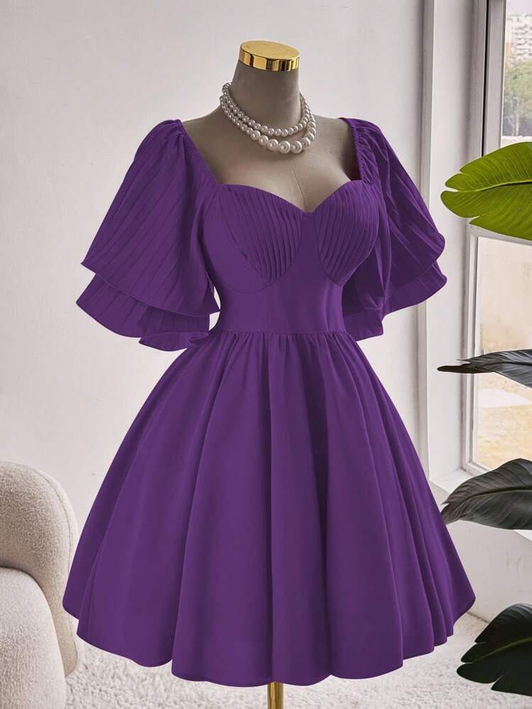 Sunnyshic Plus Size Elegant Solid Color Waist Cinched Dress, Summer - Purple - View 1