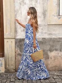 Brillora Women's Vacation Casual All-Over Print Spaghetti Strap Dress - Blue and White - View 5