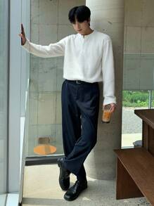 DAZY 男士纯色纹理面料白色半襟T恤，秋季长袖男士衬衫 - 白色 - 查看 5