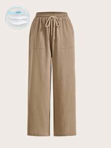 SHEIN EZwear Drawstring Waist Wide Leg Pants - Khaki - View 4