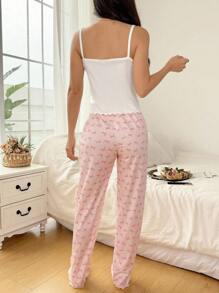 Slogan Pattern Camisole & Plaid Long Pants Pajama Set - Multicolor - View 2