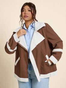 SHEIN LUNE Chaqueta de moto casual de talla grande con forro de piel sintética, para otoño/invierno - Caqui - Ver 5