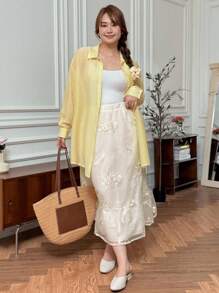 SHEIN LUNE Plus Size Elegant Flower Embroidery Mesh Skirt, Summer Gauze Clothing Women Yellow Sheer Top White Embroidered Vacation Outfits Woman Elegant Dresses For Women Teacher Outfits For Women White Outfits For Women Streetwear Korean Style Kawaii Fall Women Clothes Back To School Clothes Streetwear Vintage Old Money - White - View 5