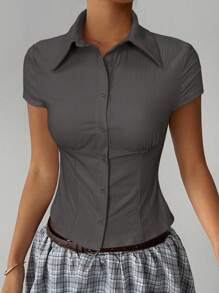 Aloruh Women's Elegant Solid Color Short Sleeve Pleated Waist Shirt, Versatile For Commuting, Daily Wear, Office, Spring/Summer - Dark Grey - View 6