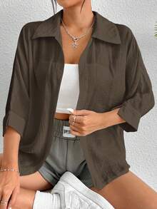 SHEIN PETITE Brown Blouse Loose Shirt - Brown - View 5
