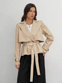 SHEIN Tall 秋冬女士纯色翻领插肩袖短款风衣系腰夹克 - 駝色 - 查看 3