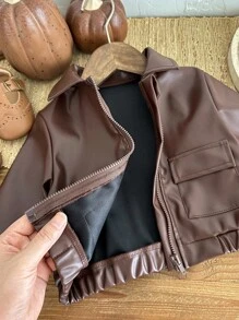 SHEIN 男婴幼儿新生儿 0-3 岁休闲日常时尚街头 PU 皮革摩托车夹克，适合男婴的酷炫外套，秋冬 - 棕色 - 查看 8