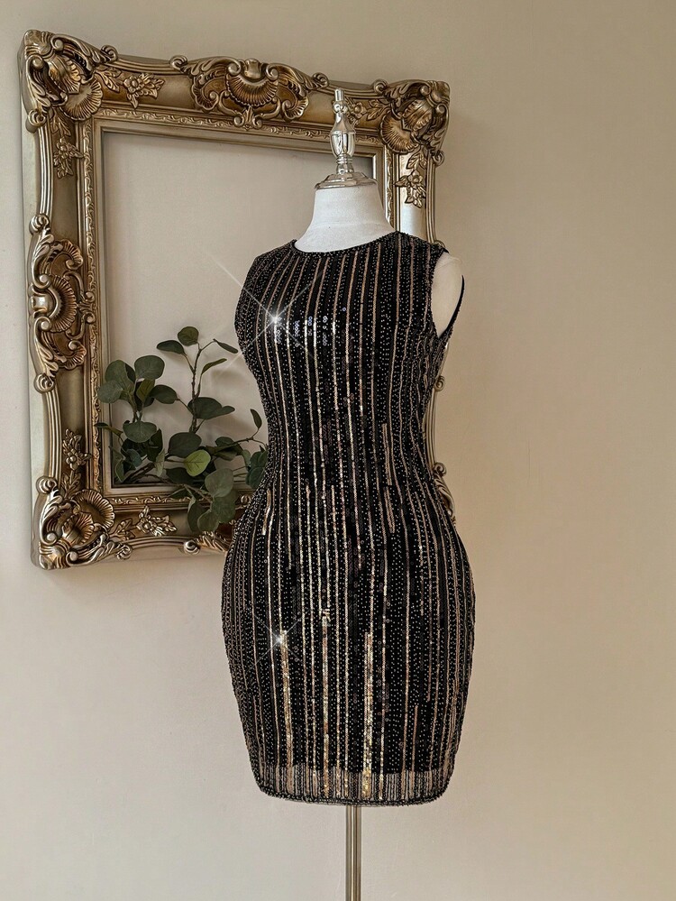 SHEIN Belle Phụ nữ thanh lịch và gợi cảm Cổ tròn sọc dọc màu đen cổ điển đính cườm với thiết kế hở lưng và lưng cao, thích hợp cho các lễ hội âm nhạc, kỳ nghỉ, mùa tựu trường, mùa tốt nghiệp, tiệc tùng, trà chiều, hẹn hò, họp mặt, tiệc cocktail và những dịp trang trọng - màu đen - Xem 4