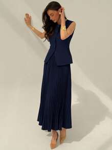 Aloruh Women 2pcs Solid Color Button Front Sleeveless Top And Mini Skirt Suit Set In Fall/Winter