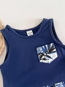 男嬰熱帶圖案補丁貼口袋背心上衣和短褲 - 藍白色 - 查看 3