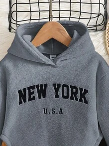 SHEIN 年轻女孩 2 件/套摇粒绒字母刺绣落肩弧形下摆连帽衫和紧身裤套装，运动风格，非常适合秋冬季休闲、日常穿着和学校日常穿着 - 灰色 - 查看 3