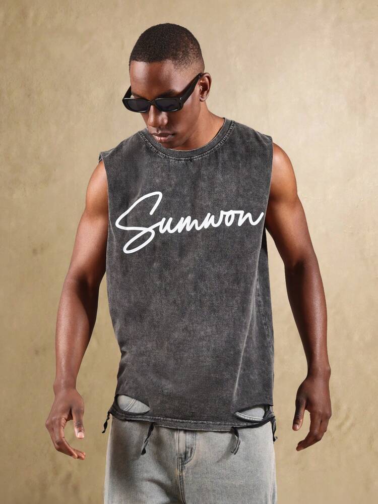 로고 프린트 슬리브리스 디자인의 빈티지 탱크탑