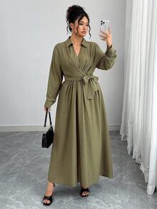 Elenzga 女士优雅复古正式办公室通勤休闲度假下午茶连衣裙，法式精致纯色 V 领腰带 A 字长袖超长连衣裙，军绿色 - 軍綠色 - 查看 5