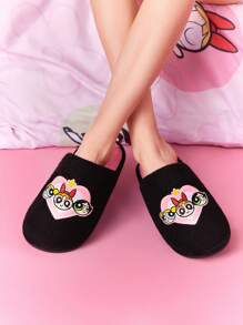 THE POWERPUFF GIRLS X SHEIN 时尚卡通刺绣防滑室内拖鞋女童柔软毛绒保暖冬季可爱家居鞋花朵、泡泡和毛茛，耐用鞋底，居家卧室空调房春秋冬 - 黑色 - 查看 2
