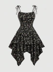 Sweetra 可爱碎花细肩带设计太阳裙，优雅度假连衣裙，腰部收紧，不对称下摆分层裙 - 彩色 - 查看 1