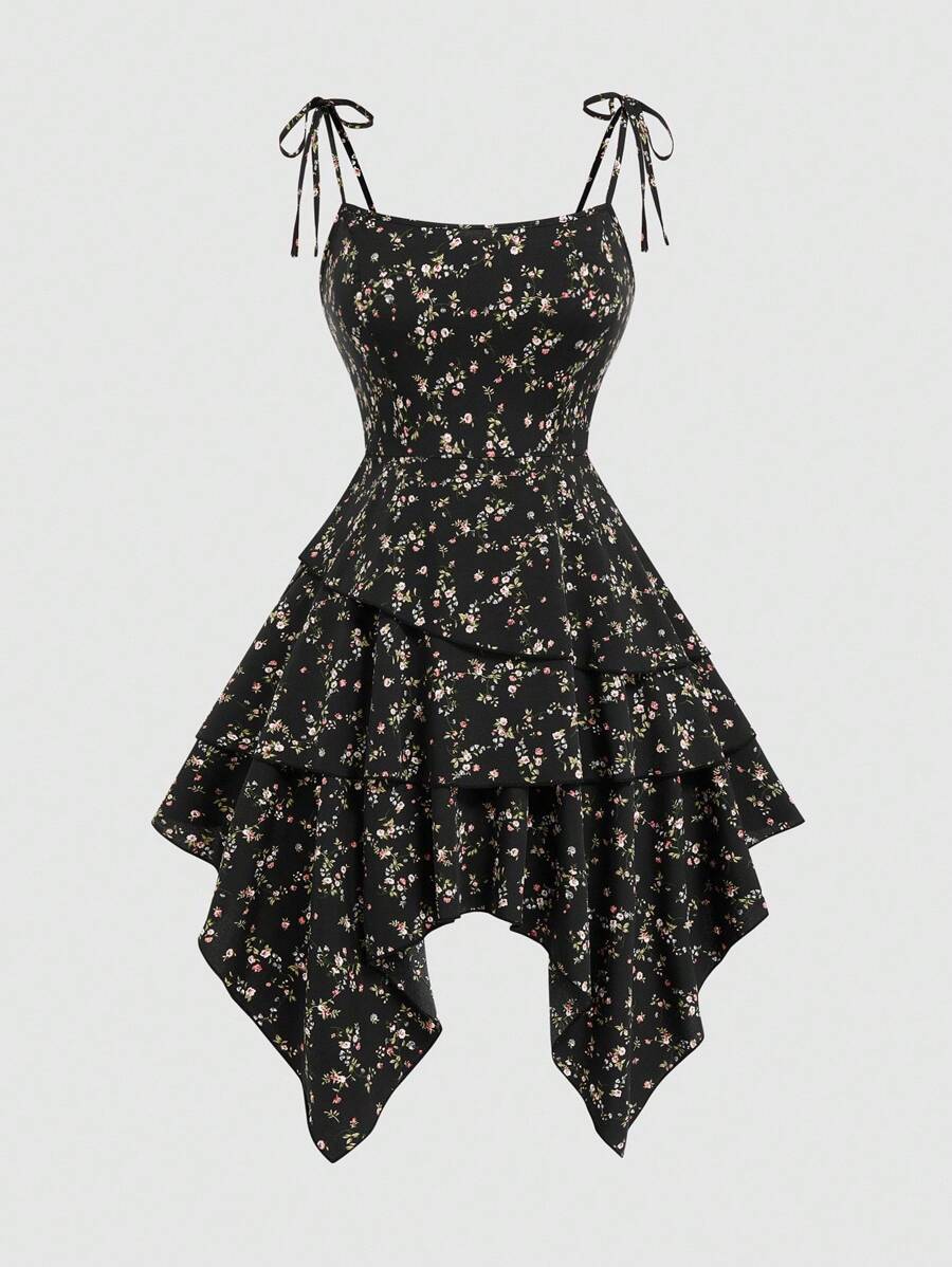 Sweetra 可爱碎花细肩带设计太阳裙，优雅度假连衣裙，腰部收紧，不对称下摆分层裙 - 彩色 - 查看 1