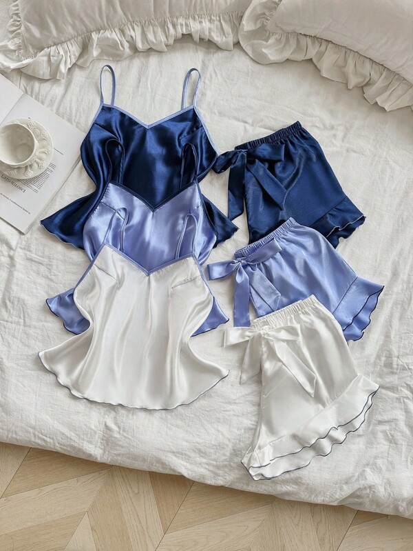 LuxeNights Conjunto de 3 piezas de mujer con top, pantalón y falda de seda sintética con volantes y detalles en contraste de color