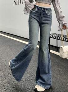 DAZY Women's Flare Jeans With Lace Splice - Medium Wash - View 8