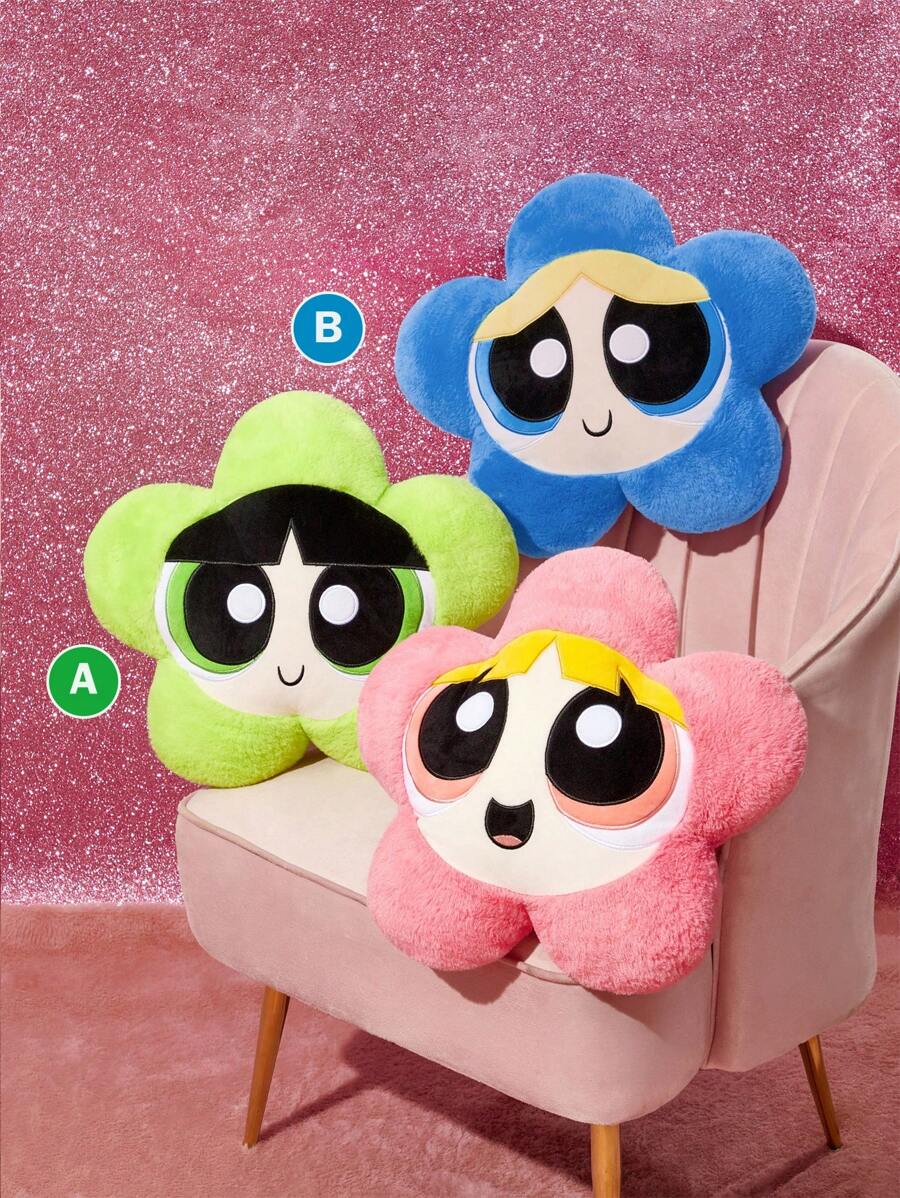 THE POWERPUFF GIRLS X SHEIN 1 件泡泡/毛茛图案可爱 3D 荷叶边抱枕,柔软毛绒,精致刺绣,适用于沙发、汽车、办公室、卧室 - 彩色 - 查看 1