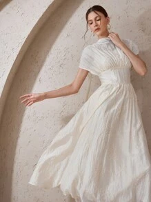 Modelyn Women's Floral Jacquard Round Neck Batwing Sleeve Waist Cinched Elegant Dress