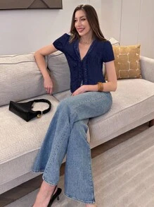 Pariaura 法式蕾丝V领纽扣褶皱女式衬衫，适合大学生穿着 - 藏蓝色 - 查看 7