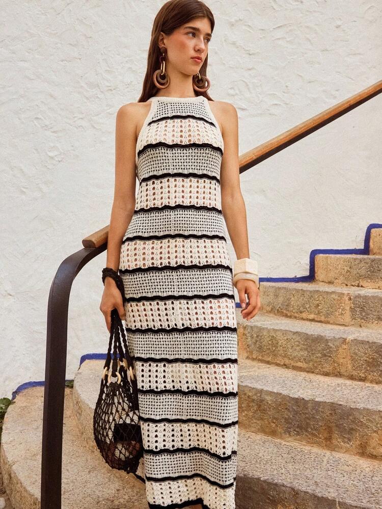 Maija Stylish Women's Sleeveless Black And White Striped Knit Midi Dress, Designed With A Halter Neck, Semi-Sheer Details, And A Flattering Pencil Hem. Beach Clothing, Bohemian Style Vacation Wear, Summer Ins Celebrity Same Style Vacation Style, Exotic Atmosphere, Country Concert, Western Style Clothing, High-Grade Fabric, Comfortable And Breathable Country Concert, Western Style Clothing, High-Grade Fabric, Comfortable And Breathable - Black and White - View 6