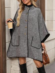 EMERY ROSE 女士人字纹单排扣蝙蝠袖宽松时尚大衣，秋季外出冬季外套 - 灰色 - 查看 1