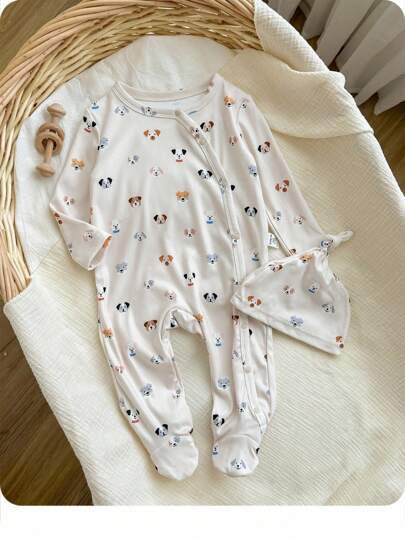 2 件装新生男婴可爱小狗印花圆领前开长袖连体衣带扭结帽，柔软舒适家居服套装