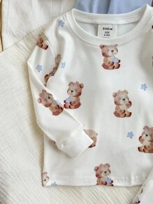 4 bộ đồ ngủ tay dài vừa vặn in họa tiết gấu & sọc dễ thương & quần dài mềm mại & thoải mái cho bé trai - Màu be - Xem 3