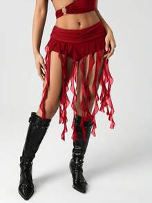 SHEIN ICON 女式低腰黑色高开衩不对称网眼垂坠不对称下摆半身裙 - 酒紅色 - 查看 1