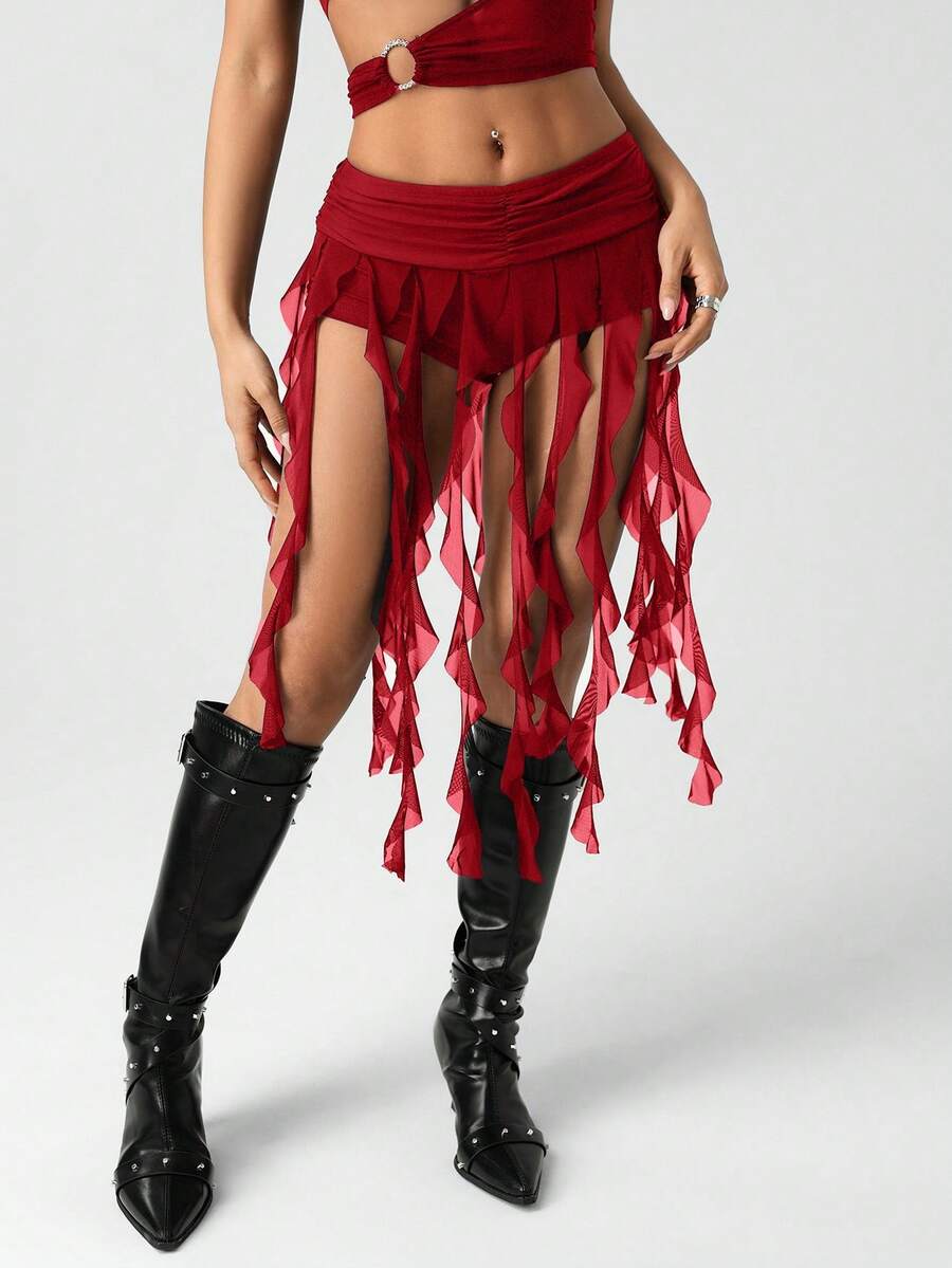 SHEIN ICON 女式低腰黑色高开衩不对称网眼垂坠不对称下摆半身裙 - 酒紅色 - 查看 1