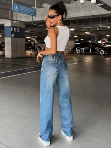 SHEIN Cottnline High Waist Solid Color Fashionable Pocket Casual Wide Leg Jeans City Break Light Blue Summer Going Out Date - Medium Wash - View 2