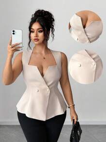 Elenzga Áo khoác cardigan cổ thấp hai hàng khuy trơn màu cỡ lớn dành cho nữ, kiểu áo cánh thanh lịch và duyên dáng - Màu be - Xem 1