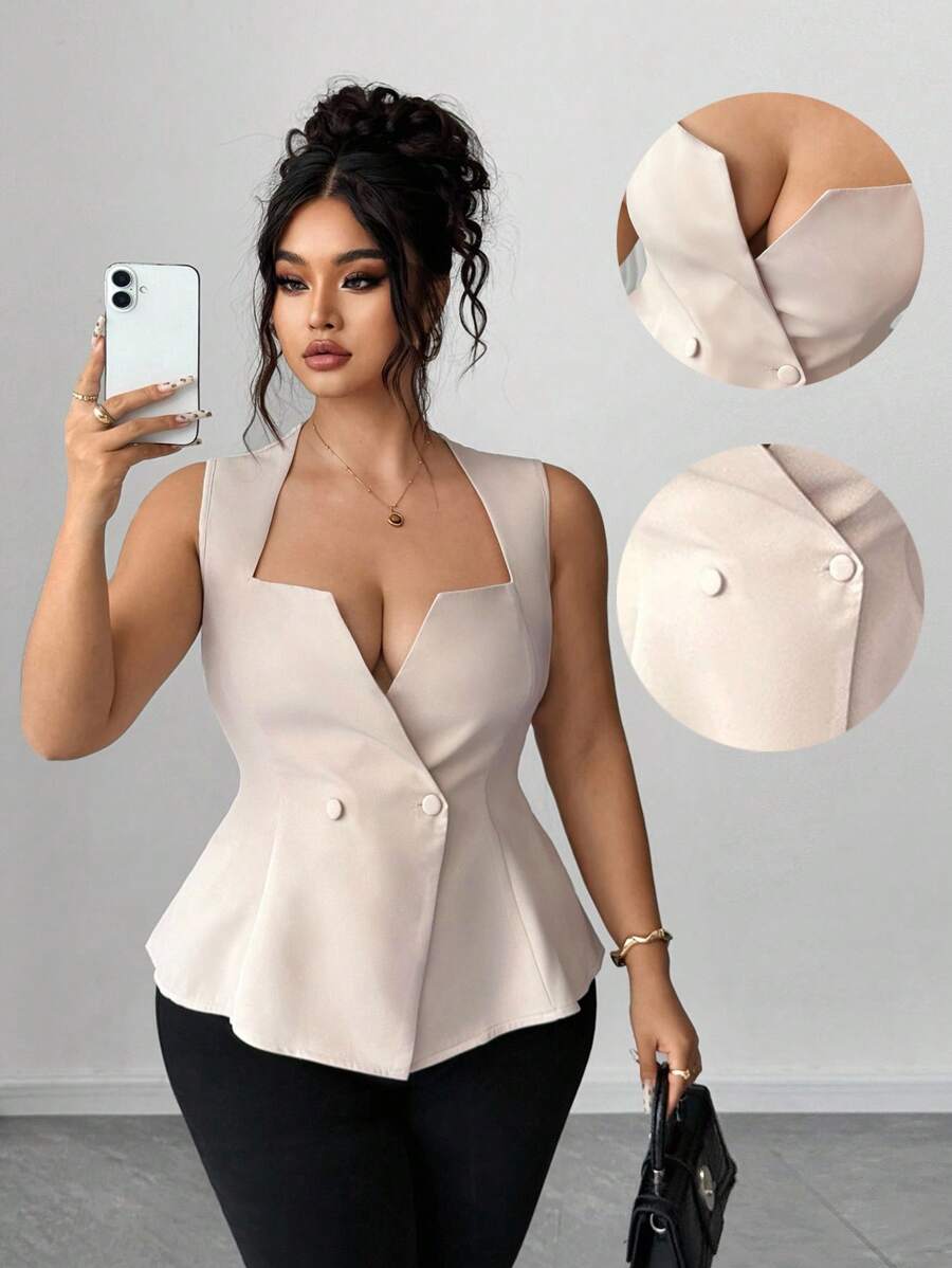 Elenzga Áo khoác cardigan cổ thấp hai hàng khuy trơn màu cỡ lớn dành cho nữ, kiểu áo cánh thanh lịch và duyên dáng - Màu be - Xem 1