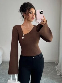 Selianne Autumn/Winter Elegant Asymmetrical Neck Knit Sweater Knit Pullover Fall - Coffee Brown - View 3