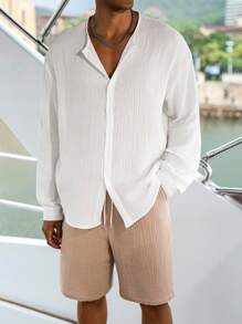 Manfinity Homme Camisa de manga larga básica de algodón holgada y pantalones cortos de color contrastante para hombres, conjunto de ropa de resort, crucero y vacaciones para hombres - Multicolor - Ver 4