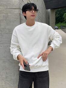 DAZY 男士纯白色纹理面料套头衫，秋季 - 白色 - 查看 5
