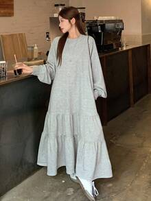 DAZY 女士纯色圆领灯笼袖荷叶边下摆休闲连衣裙长裙 - 灰色 - 查看 2