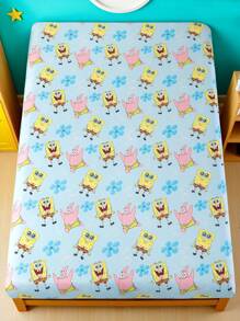 SpongeBob SquarePants | SHEIN 1 pieza Juego de sábana ajustada con estampado de dibujos animados, disponible en tallas para camas individuales/dobles/queen/king, suave, transpirable, cálido y lavable a máquina - Celeste - Ver 7